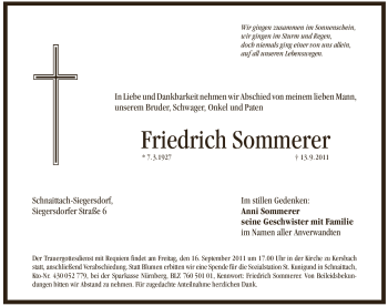 Traueranzeige von Friedrich Sommerer von Pegnitz-Zeitung